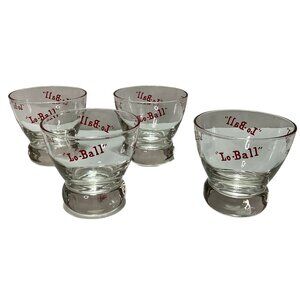 VTG EVA ZEISEL LO BALL GLASSES  SET OF 4 FOOTED RED LETTERING MCM